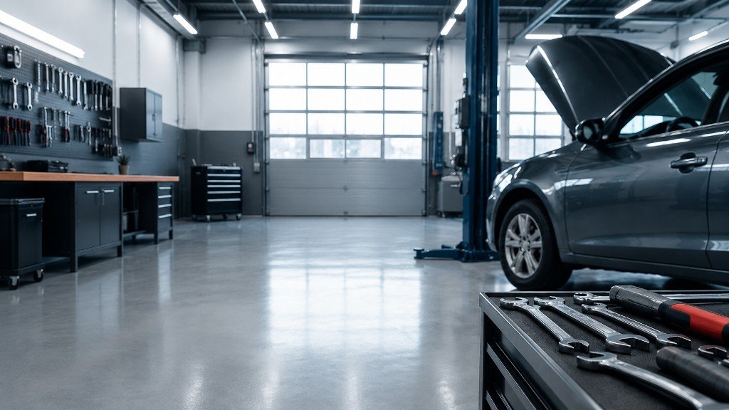 Inside a clean and modern professional auto repair shop with an organized workbench and a car with its hood open for service