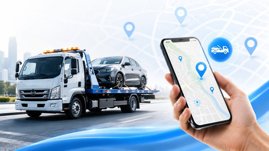 Driver finding trusted towing companies and tow truck services on a mobile map