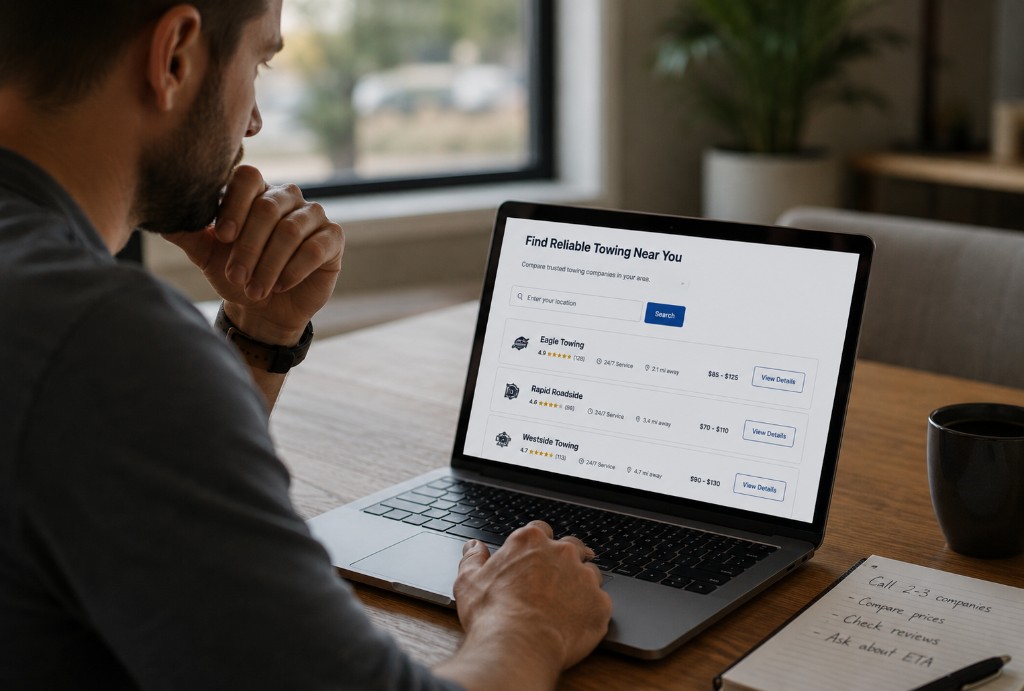 Customer comparing trusted towing providers on a laptop