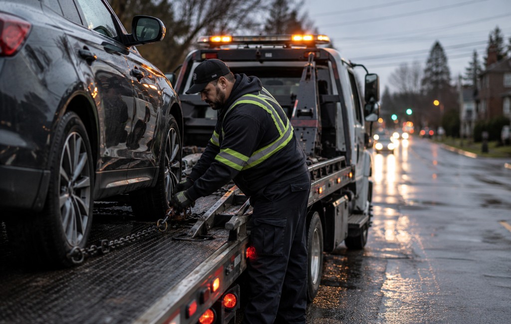 Tow truck operator securing a vehicle for roadside assistance at dusk